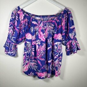 Lilly Pulitzer Off Shoulder Blouse Top Blue Pink Tropical Floral Women Small